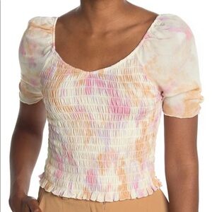NWT Good Luck Gem Smocked White Pink Tie Dye Top Size Medium